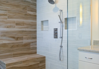 Wood-Look Tile and Frameless Glass Shower